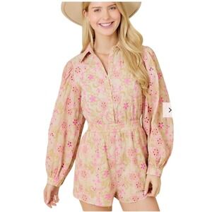 Mainstrip Pink Tan Floral Eyelet Long Sleeve Boho Romper CottageCore Cotton L
